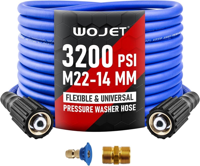 WOJET Pressure Washer Hose 25ftx1/4”, Ultra Flexible Replacement Hose for Ryobi Greenworks Models, Power Washer Hose with M22 14mm Fitting, High Pressure Hose fits Electric Power Washers, 3200PSI - Image 1